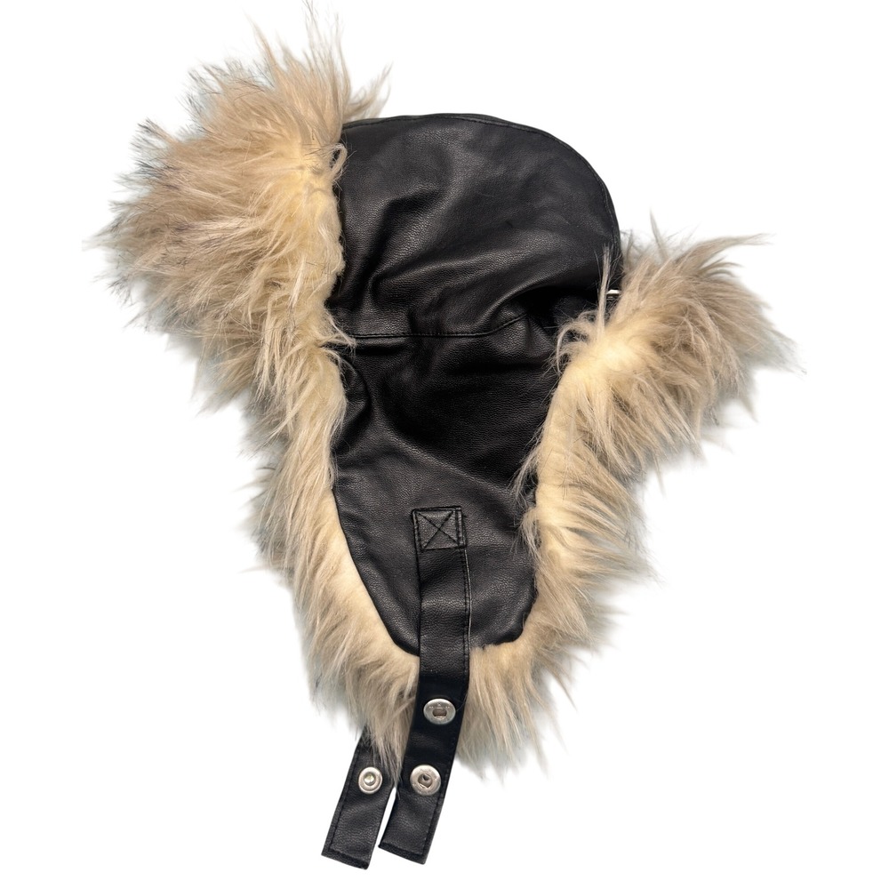 BCBGMAXAZRIA Black Faux Leather Trapper Hat Tan Faux Fur Trim Aviator Winter Cap